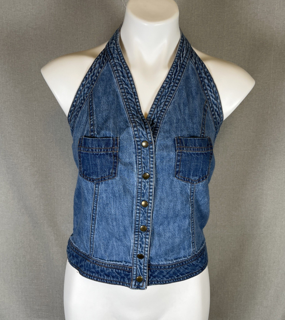Vtg Y2k Route 66 Denim Halter Top Womens Size Small 6 Cowgirl Festival Western